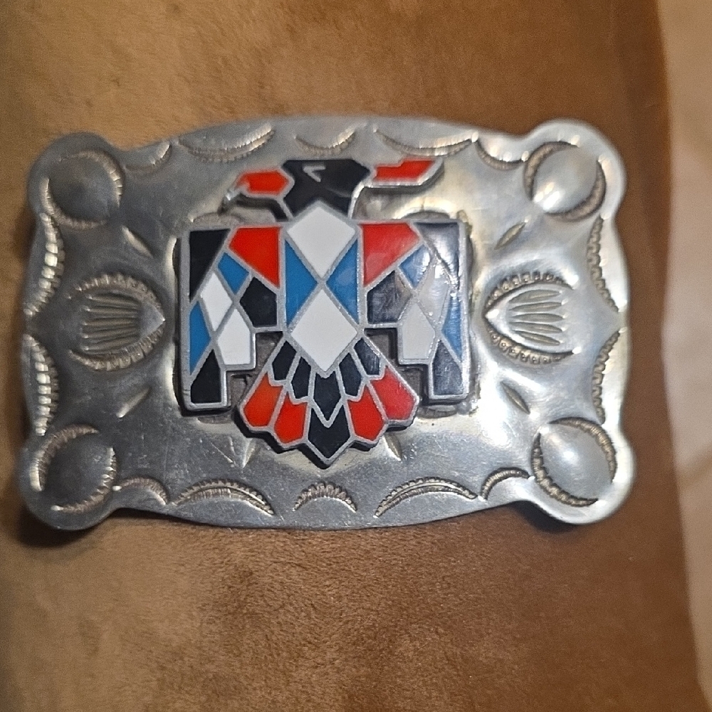 Vintage VTG Native American Bk Nickel Silver Belt Buckle with Thunderbird Design